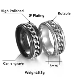 Western Fashion Simple Design Rotatable Chain Ring Silver Black Gold Color Titanium Steel Rings For Men Women