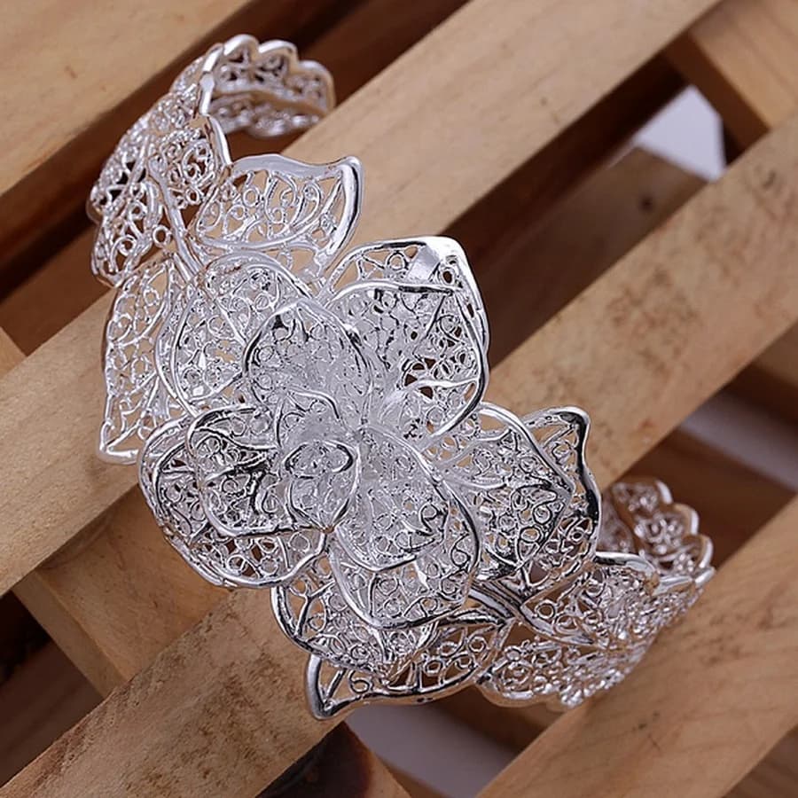 925 Sterling Silver jewelry bangle Hot engagement exquisite retro charm hollow big women lady flowers openings bracelet