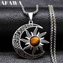 Witch Moon Sun Pentagram Necklace Stainless Steel Stone Occult Luna Crescent Wicca Necklaces Jewelry Collares Acero Inoxidable