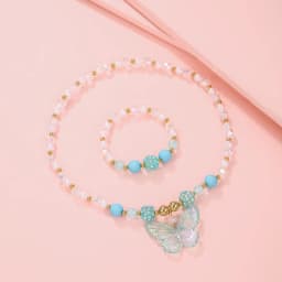 2Pcs/set Pink Butterfly Charm Necklace Bracelet Princess Girl Jewelry Set for Daughter Niece Best Party Birthday Gifts
