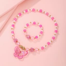 2Pcs/set Pink Butterfly Charm Necklace Bracelet Princess Girl Jewelry Set for Daughter Niece Best Party Birthday Gifts