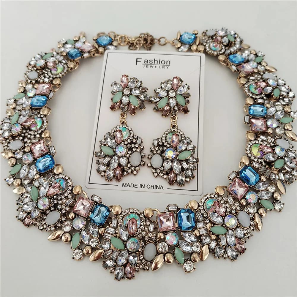 2026 New Fashion Crystal Rhinestones Large Collar Choker Necklace Earrings Women Jewelry Sets Indian Statement Wedding Necklace