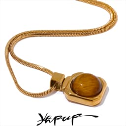 Yhpup High Quality Natural Tiger Stone Square Pendant Necklace Rust Proof Gold Color Fashion Collar Versatile Jewelry Gift