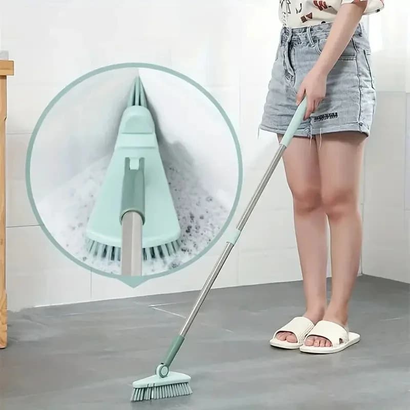 A long handled hard bristled triangular floor brush, bathroom tile gap cleaning brush