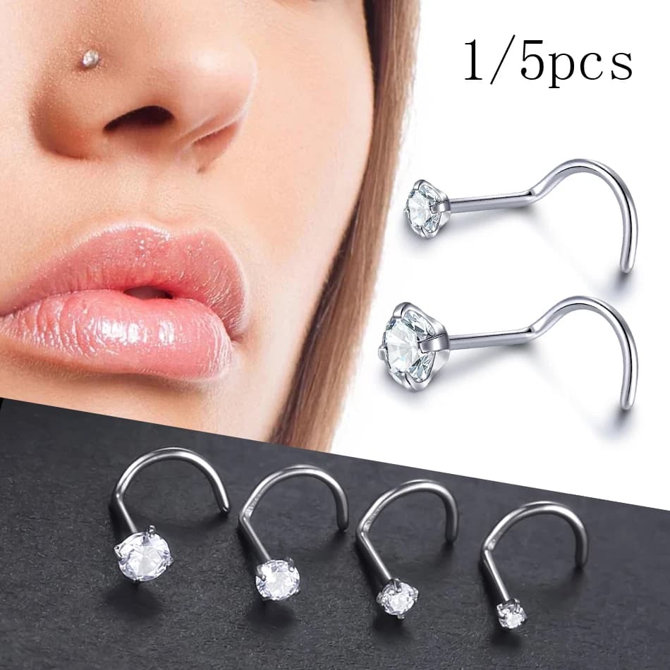 Implant Titanium Nose Stud Ring Set Round CZ Crystal Nose Piercings 1.5/2/2.5/3MM Screw Nostril Piercing Earring Jewelry 20G