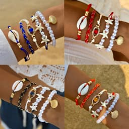 Tocona 5pcs/set Bohemian Imitation Pearl Bracelets for Women Ethnic Style Shell Beaded Bangles Summer Beach Jewelry Set 26165
