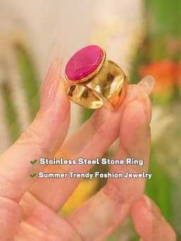 Yhpup PVD Plated Stone Stainless Steel Gold Color Wide Ring Summer Trendy Fashion Jewelry Accessories Bijoux