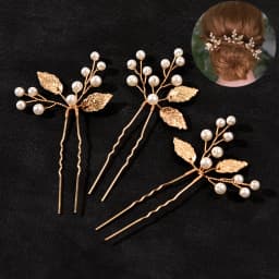 Pearl Hairpin With Side Comb Wedding Hair Accessories Golden Leaf Beads Flower Hair Clip U-shaped Alloy Headwear Fashion Jewelry