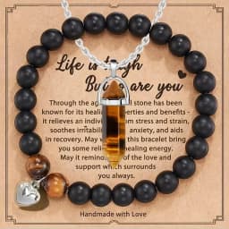 2pcs/set Amethyst Hexagonal Column Necklace and Purple Stripe Agate Bracelet with Card Gift Stress Relief & Anxiety for Friend