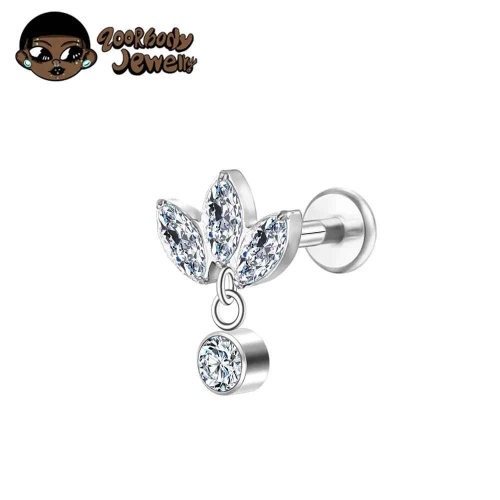ASTM F136 Titanium Three Marquises with CZ Dangle Cartilage Helix Tragus Piercing Lotus Flower Flat Back Earring Body Jewelry