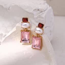 Freetry New Design Pearl Drop Earrings for Women Vintage Geometric Square Pink Glass Dangle Earrings Party Wedding Jewelry