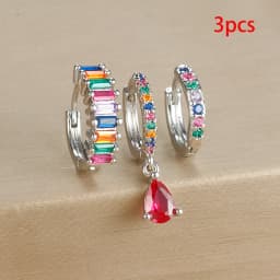 3PCS Colorful Cubic Zirconia Stainless Steel Hoop Earrings Set for Women Pendant Water Drop Earring Cartilage Piercing Jewelry