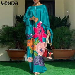 Women Kaftan Dress 2023 VONDA Summer Vintage Leopard Print Party Long Maxi Dress Casual Long Sleeve Pleated Robe Beach Vestidos