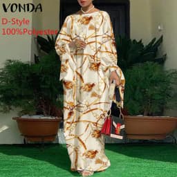 Women Kaftan Dress 2023 VONDA Summer Vintage Leopard Print Party Long Maxi Dress Casual Long Sleeve Pleated Robe Beach Vestidos