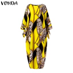 Women Kaftan Dress 2023 VONDA Summer Vintage Leopard Print Party Long Maxi Dress Casual Long Sleeve Pleated Robe Beach Vestidos