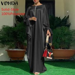 Women Kaftan Dress 2023 VONDA Summer Vintage Leopard Print Party Long Maxi Dress Casual Long Sleeve Pleated Robe Beach Vestidos