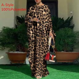 Women Kaftan Dress 2023 VONDA Summer Vintage Leopard Print Party Long Maxi Dress Casual Long Sleeve Pleated Robe Beach Vestidos