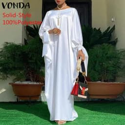 Women Kaftan Dress 2023 VONDA Summer Vintage Leopard Print Party Long Maxi Dress Casual Long Sleeve Pleated Robe Beach Vestidos
