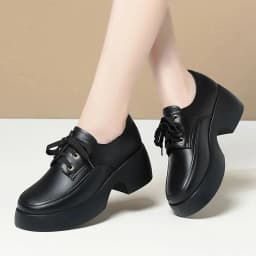 2024 Elegant Versatile Lace Up Comfortable Soft Leather Shoes Woman New Retro Thick Sole High Heel Casual Single Shoes