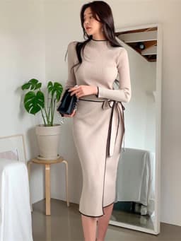 Elegant Knitted Dress Women Fall Winter New Warm Half Turtlenck Off shoulder Long Sleeve Sashes Bow Wrap Hip Sweatrer Robe Femme
