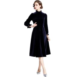 Autumn Winter Women Velvet Long Dress O-Link Collar Navy Blue Sequined Stars Ribbon Dress Flare Sleeve Elegant Party Midi Dress