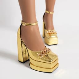 Plus Size Plaid Patent Leather Side Cut-Out Women's Sandals Metal Chain Decoration Ultra-High Double-Deck Platform Fashion Shoes