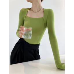 LMQ NEW French Solid Long Sleeve Square Collar Tees T Shirt Thin Low-Neck Slim-Fit Collarbone Tops Temperament Bottom Shirt