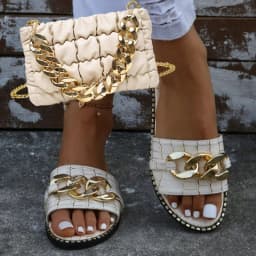 New Arrivals Designer Wholesale Summer Chain Women's Flat Slippers And Bag Set Beach Ladies Platform Sandals Matching Purse Set