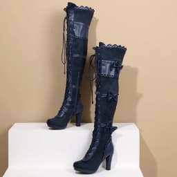 Flock Stitching PU Super Thick Heel Cute Bow Women's Over-The-Knee Boots Side Zipper Cross Lace Plush Inner Winter Warm Boots