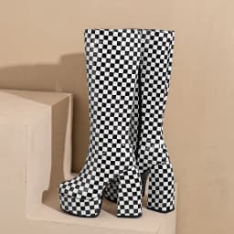 Plus Size Catwalk Print Checkerboard Checkered Knee Boots Pattern Super Thick Heel Winter Boots Zebra Print Women's Boots
