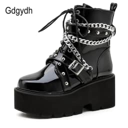 Gdgydh Autumn Winter Boots Women Sexy Chain Boots Ankle Buckle Strap Ankle Boots Square Heel Thick Sole Platform Rock Punk Style