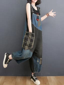 Amax luluE 2024 Korean Summer Design Women Plaid Ripped Denim Overalls Ladies Vintage Oversized Jeans Girl Punk Style Trousers