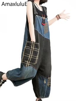 Amax luluE 2024 Korean Summer Design Women Plaid Ripped Denim Overalls Ladies Vintage Oversized Jeans Girl Punk Style Trousers