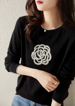 2021AutumnWinter New Stylish Elegant WOOL Knitted Pullovers Women O Neck Contrast Color Beading Rose Sweater