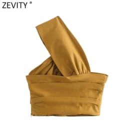 Zevity Women Sexy Two Color Single Shoulder Knotted Linen Smock Blouse Lady Chic Pleat Side Zipper Crop Shirt Blusas Tops LS9969