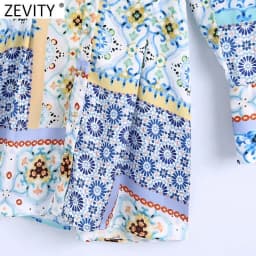 Zevity 2021 Women Vintage V Neck Cloth Patchwork Print Mini Shirt Dress Female Chic Breasted Elastic Waist Retro Vestidos DS8398