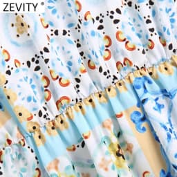 Zevity 2021 Women Vintage V Neck Cloth Patchwork Print Mini Shirt Dress Female Chic Breasted Elastic Waist Retro Vestidos DS8398