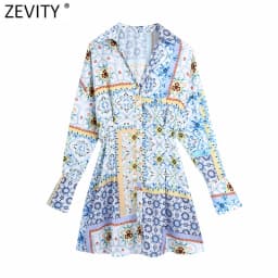 Zevity 2021 Women Vintage V Neck Cloth Patchwork Print Mini Shirt Dress Female Chic Breasted Elastic Waist Retro Vestidos DS8398