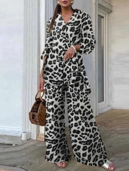 Fashion Women Leopard Print Pant Sets ZANZEA Casual Loose Tops and Pant Outfits 2023 Autumn Wide Leg Pant Leisure Two Piece Sets