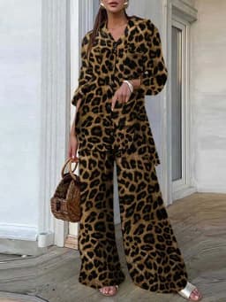 Fashion Women Leopard Print Pant Sets ZANZEA Casual Loose Tops and Pant Outfits 2023 Autumn Wide Leg Pant Leisure Two Piece Sets