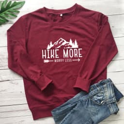 Hike More Worry Less Sweatshirt Casual Unisex Camping Pullovers Funny Women Graphic Outdoors Wanderlust Sweatshirts