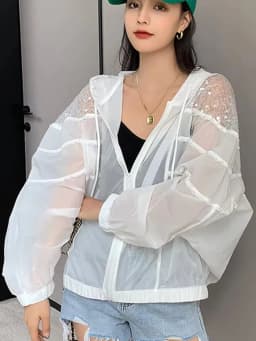 Amax luluE Summer 2024 British Fashion Sun Protective Clothing Ladies Sequins White Jackets Ladies Casual Hooded Oversized Coats