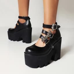 Silver Bat Buckle 3-Breasted Punk Style Wedge Pumps Ultra-High Waterproof Platform Glossy Patent Leather Trendy Women's Shoes