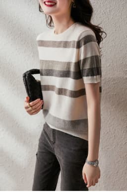 Women's Spring/summer 2022 Loose half Sleeve Striped ice knitted shirt with round collar and short sleeve