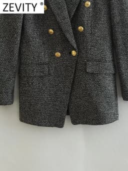 ZEVITY Women Vintage Notched Collar Houndstooth Pattern Tweed Woolen Blazer Coat Female Outerwear Chic Suits Veste Tops CT2994