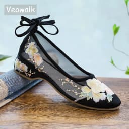 Veowalk Long Ankle Strap Summer Women Gauze Mesh Embroidered Ballet Flats Breathable Comfortable Walking Shoes for Elegant Lady