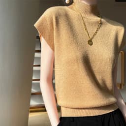 Merino Wool Knitted T-shirt Women's Summer 2023 New Half Height Pullover Short Sleeve Vest Fashion Basic Solid Color Women's Top