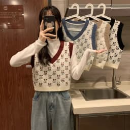 MEXZT Vintage Harajuku Print Knit Vest Fall Women V-Neck Sweater Vests Fashion Loose Sleeveless Y2k Waistcoat Korean Pullovers