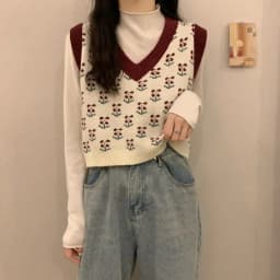 MEXZT Vintage Harajuku Print Knit Vest Fall Women V-Neck Sweater Vests Fashion Loose Sleeveless Y2k Waistcoat Korean Pullovers