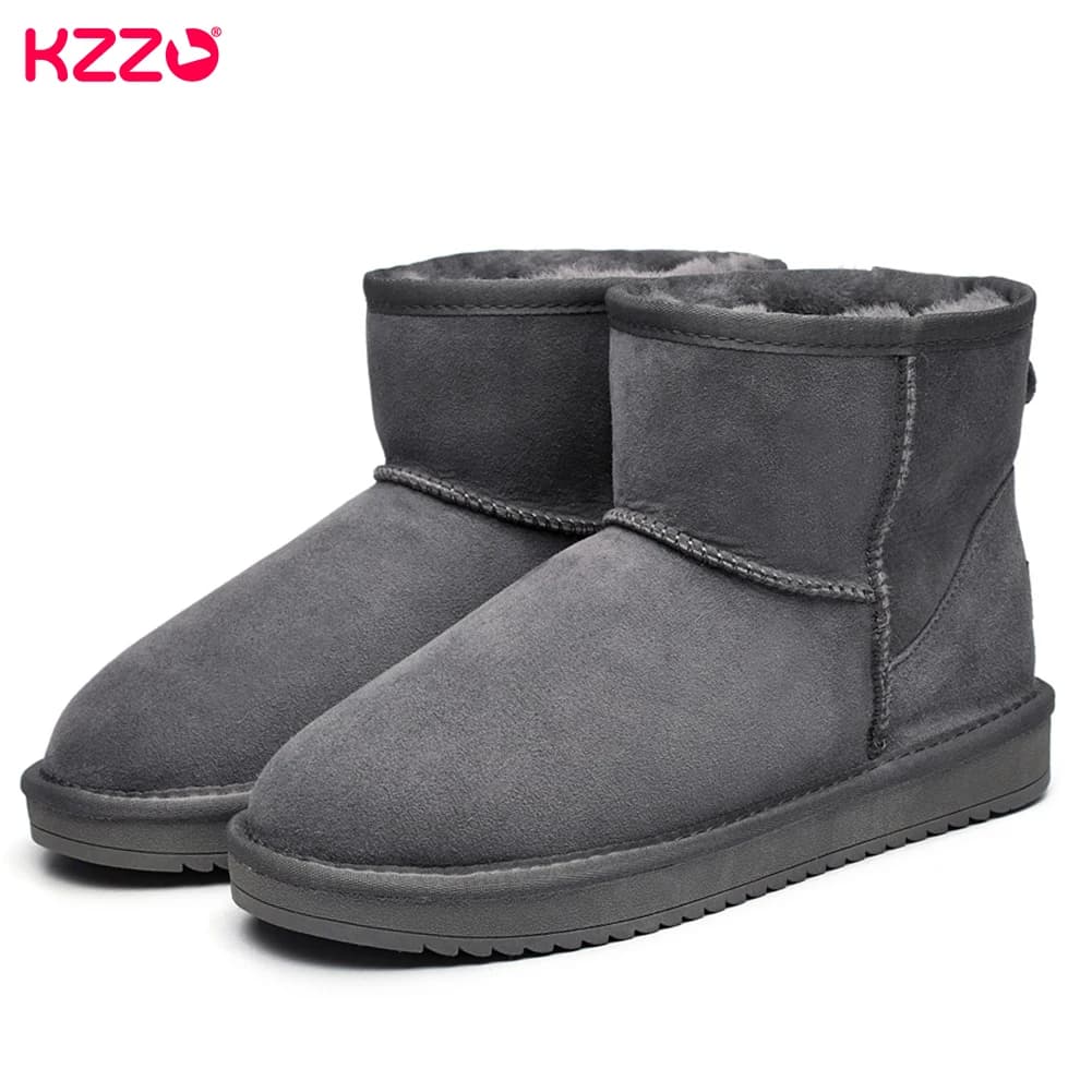 KZZO Size 37-48 Australia Classic Real Sheepskin Suede Leather Men Sheep Wool Fur Lined Winter Short Ankle Snow Boots Grey Shoes